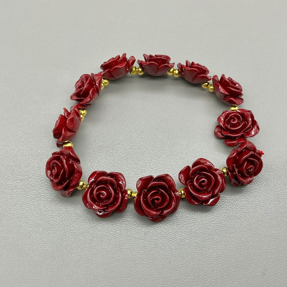 Flower Rose Bracelet Women Red Gold Tone Beads Elastic Stretch Floral Jewelry